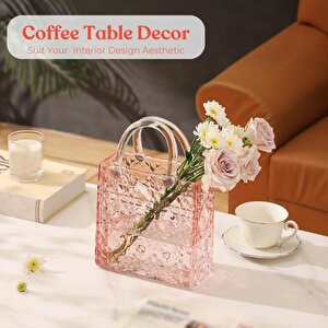 Çanta Vazo Köşeli Model Cam Çiçek Vazosu Dekoratif Pembe Vazo Büyük Boy Glass Bag Vase