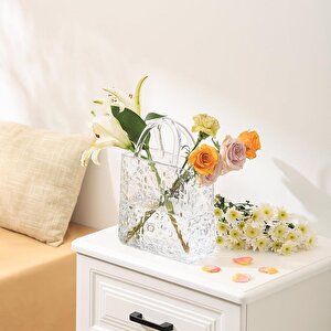 Çanta Vazo Köşeli Model Cam Çiçek Vazosu Dekoratif Şeffaf Vazo Büyük Boy Glass Bag Vase