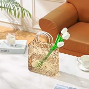 Çanta Vazo Köşeli Model Cam Çiçek Vazosu Dekoratif Bal Amber Vazo Büyük Boy Glass Bag Vase