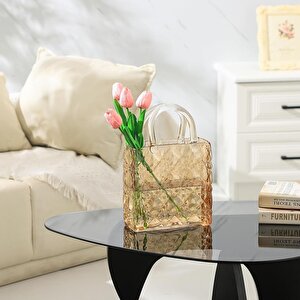Çanta Vazo Köşeli Model Cam Çiçek Vazosu Dekoratif Bal Amber Vazo Büyük Boy Glass Bag Vase