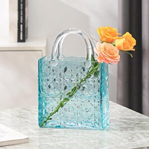 Çanta Vazo Köşeli Model Cam Çiçek Vazosu Dekoratif Mavi Vazo Büyük Boy Glass Bag Vase