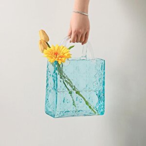 Çanta Vazo Köşeli Model Cam Çiçek Vazosu Dekoratif Mavi Vazo Büyük Boy Glass Bag Vase