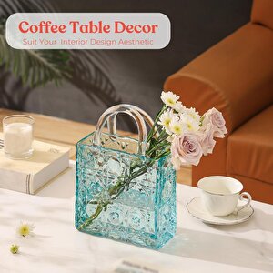 Çanta Vazo Köşeli Model Cam Çiçek Vazosu Dekoratif Mavi Vazo Büyük Boy Glass Bag Vase