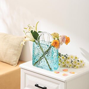 Çanta Vazo Köşeli Model Cam Çiçek Vazosu Dekoratif Mavi Vazo Büyük Boy Glass Bag Vase