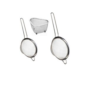 Paslanmaz Çelik 18cm Ve 20cm Tek Saplı Yuvarlak Süzgeç Ve Üçgen Lavabo Süzgeç Seti-3 Parça