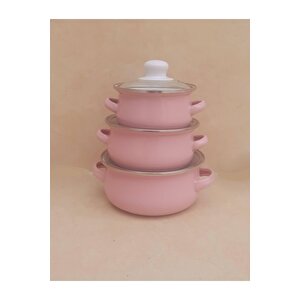Emaye Mini 3'lü Tencere Seti 12/14/16 Cm Pembe