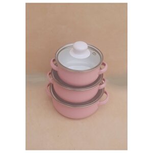 Emaye Mini 3'lü Tencere Seti 12/14/16 Cm Pembe