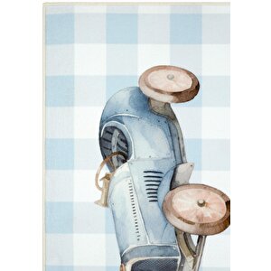 Cool Halı Bonita Mavi Damalı Halı Vintage Arabalı Bebek Çocuk Halısı Yıkanabilir Yumuşak İpeksi Halı