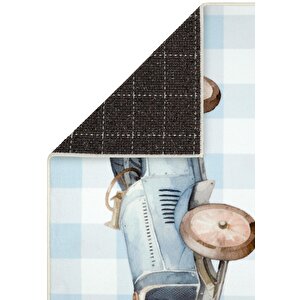 Cool Halı Bonita Mavi Damalı Halı Vintage Arabalı Bebek Çocuk Halısı Yıkanabilir Yumuşak İpeksi Halı