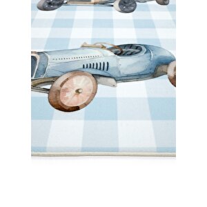 Cool Halı Bonita Mavi Damalı Halı Vintage Arabalı Bebek Çocuk Halısı Yıkanabilir Yumuşak İpeksi Halı