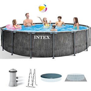 İntex 26742np Greywood Yuvarlak Prefabrik Aile Havuzu 457x122cm Filtre+merdiven+örtü Set