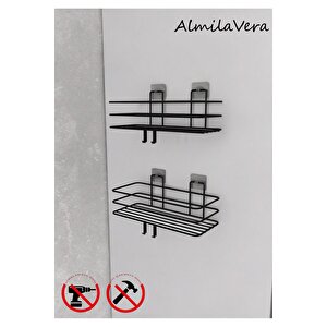 Vidalı Siyah Kancalı Banyo Rafı 2 Adet