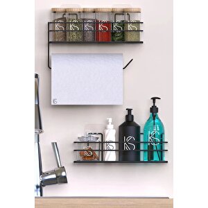 Siyah Yapışkanlı Mutfak Ve Banyo Rafı Ve Rulo Havlulu Baharatlık Rafı 2'li Set