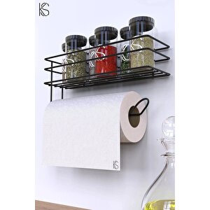 Siyah Yapışkanlı Mutfak Ve Banyo Rafı Ve Rulo Havlulu Baharatlık Rafı 2'li Set