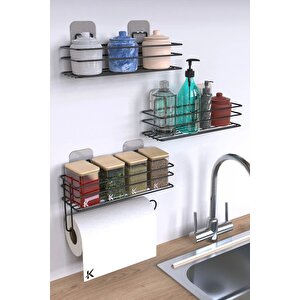 Siyah Yapışkanlı 2 Adet Mutfak Ve Banyo Rafı Ve Rulo Havlulu Baharatlık Rafı 3'lü Set