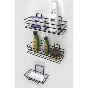 Siyah Yapışkanlı 3'lü Set Banyo Rafı Banyo Sabunluk Şampuanlık Duşa Kabin Duş Askısı