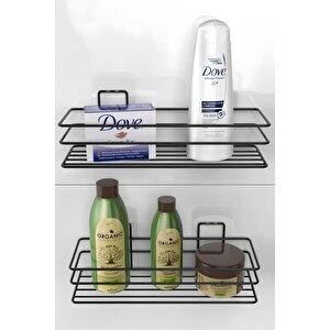 Siyah Yapışkanlı 3'lü Set Banyo Rafı Banyo Sabunluk Şampuanlık Duşa Kabin Duş Askısı