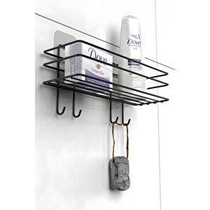 Yapışkanlı 4 Kancalı Banyo Rafı Mat Siyah Banyo Şampuanlık Duşakabin Duş Askısı