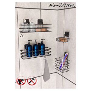 Siyah Paslanmaz Yapışkanlı Metal Banyo Rafı Düzenleyici 4'lü Set Kancalı Duş Rafı Sabunluk Rafı