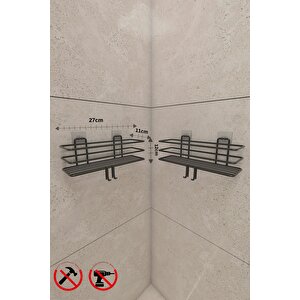 Güçlü Yapışkanlı Metal Kancalı Siyah Banyo Rafı 2 Adet