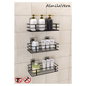 Güçlü Yapışkanlı Kancalı 3 Adet 3 Katlı Banyo Mutfak Düzenleyici Rafı Mat Siyah