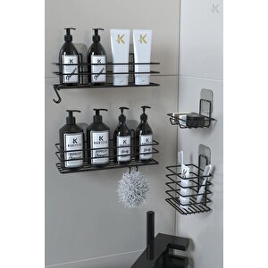 Paslanmaz Yapışkanlı Siyah Metal Banyo Rafı Düzenleyici 4'lü Set Kancalı Duş Rafı Sabunluk Rafı