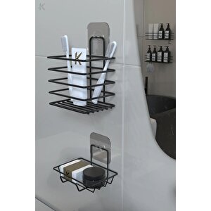 Paslanmaz Yapışkanlı Siyah Metal Banyo Rafı Düzenleyici 4'lü Set Kancalı Duş Rafı Sabunluk Rafı
