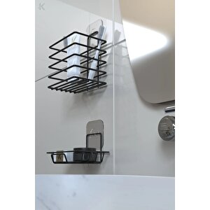 Paslanmaz Yapışkanlı Siyah Metal Banyo Rafı Düzenleyici 4'lü Set Kancalı Duş Rafı Sabunluk Rafı