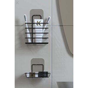 Paslanmaz Yapışkanlı Siyah Metal Banyo Rafı Düzenleyici 4'lü Set Kancalı Duş Rafı Sabunluk Rafı