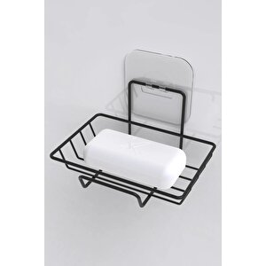 Siyah Yapışkanlı Metal Kancalı Raf Ve Sabunluk Seti Banyo Ve Mutfak Rafı