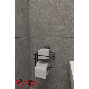 Siyah Güçlü Yapışkanlı Yedek Raflı Tuvalet Kağıdı Askılığı Banyo Düzenleyici