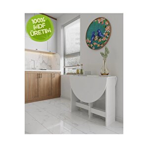 Beyaz 90×110cm Pratik Katlanır Açılır Kapanır Yuvarlak Mutfak Yemek Çalışma Masası 6 Kişilik %100 Mdf
