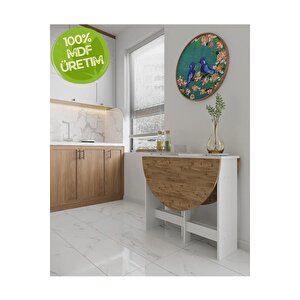 Atlantik Çam 90×110cm Pratik Katlanır Açılır Kapanır Yuvarlak Mutfak Yemek Çalışma Masası 6 Kişilik %100 Mdf