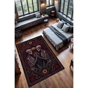 Gökkuşağı Ve İskelet Temalı Halı Koyu Renkli Retro Oturma Odası Halısı İskelet Figürlü Halı 100x150 cm