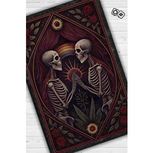 Gökkuşağı Ve İskelet Temalı Halı Koyu Renkli Retro Oturma Odası Halısı İskelet Figürlü Halı 100x150 cm