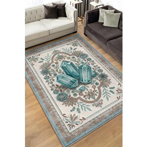 Akuamarin Taşı Halısı Krem Mavi Aura Renkli Enerji Taşı Figürlü Halı Spiritüel Temalı Modern Halı 100x150 cm