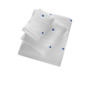3 Parça Kalp Nakışlı Banyo Havlusu Takımı %100 Pamuklu Lovely Set Mavi Mavi