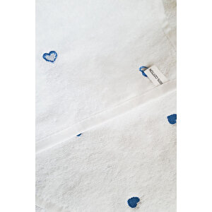 3 Parça Kalp Nakışlı Banyo Havlusu Takımı %100 Pamuklu Lovely Set Mavi Mavi