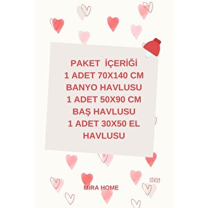 3 Parça Kalp Nakışlı Banyo Havlusu Takımı %100 Pamuklu Lovely Set Mavi