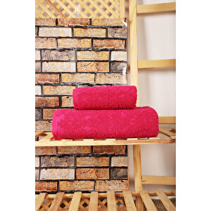 2 Parça Jakarlı Banyo Havlu Takımı Doku Desen Fuşya Fuşya