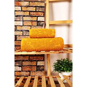 2 Parça Jakarlı Banyo Havlu Takımı Doku Desen Sarı Sarı