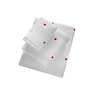 3 Parça Kalp Nakışlı Banyo Havlusu Takımı %100 Pamuklu Lovely Set Kırmızı Kırmızı