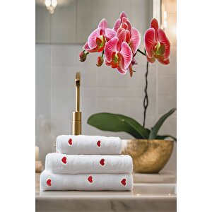 3 Parça Kalp Nakışlı Banyo Havlusu Takımı %100 Pamuklu Lovely Set Kırmızı Kırmızı