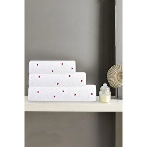 3 Parça Kalp Nakışlı Banyo Havlusu Takımı %100 Pamuklu Lovely Set Kırmızı Kırmızı