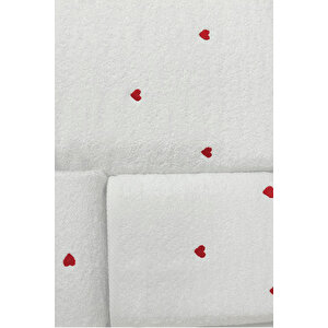 3 Parça Kalp Nakışlı Banyo Havlusu Takımı %100 Pamuklu Lovely Set Kırmızı