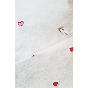 3 Parça Kalp Nakışlı Banyo Havlusu Takımı %100 Pamuklu Lovely Set Kırmızı