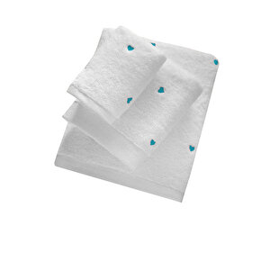 3 Parça Kalp Nakışlı Banyo Havlusu Takımı %100 Pamuklu Lovely Set Turkuaz Turkuaz
