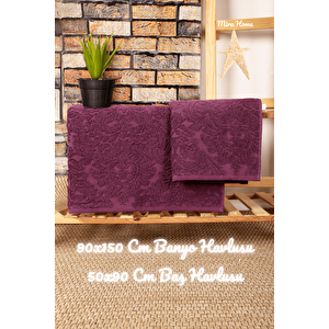 Mira Home 2 Parça Jakarlı Banyo Havlu Takımı Doku Desen Mor
