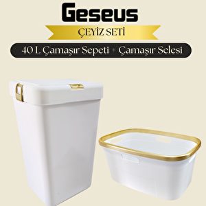 Motek Tekli 40 Lt Kirli Çamaşır Sepeti+çamaşır Selesi Ikili Set, Çeyiz Seti Gold+beyaz