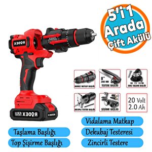 Akülü Değiştirilebilir Başlıklı 5'li Set 20 V 2.0 Ah Taşlama Matkap Dekubaj Testere Pala Top Şişirme